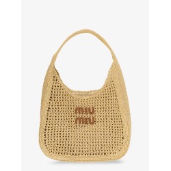 Viscose shoulder bag with rafia effect and lettering logo