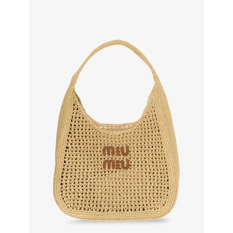 Viscose shoulder bag with rafia effect and lettering logo