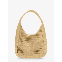 Viscose shoulder bag with rafia effect and lettering logo