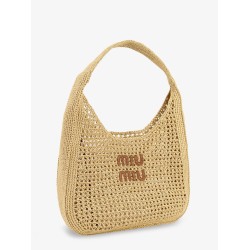 Viscose shoulder bag with rafia effect and lettering logo