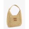 Viscose shoulder bag with rafia effect and lettering logo