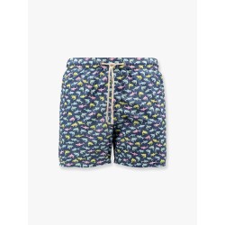 Recycled nylon swim trunks with shark trouble multicolor print