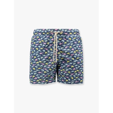 Recycled nylon swim trunks with shark trouble multicolor print