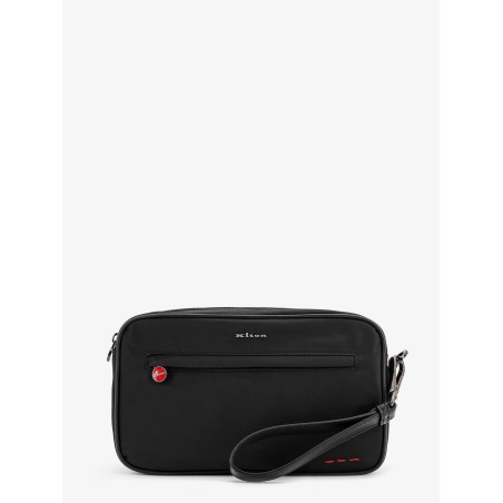 Nylon clutch bag with iconic logo embroidery