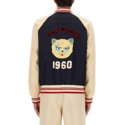 WOOL AND COTTON BOMBER JACKET WITH VLOGO AND CHAT DE LA MAISON PATCH