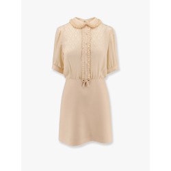 Short crepe couture dress with silk jaquard toute la v top with ruffle detail