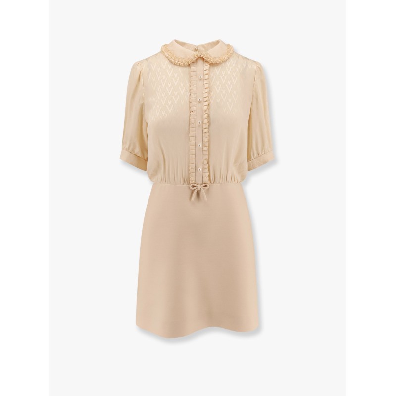 Short crepe couture dress with silk jaquard toute la v top with ruffle detail