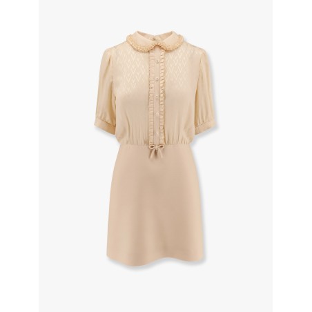 Short crepe couture dress with silk jaquard toute la v top with ruffle detail