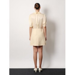 Short crepe couture dress with silk jaquard toute la v top with ruffle detail