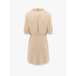 Short crepe couture dress with silk jaquard toute la v top with ruffle detail