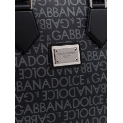 Coated canvas and leather handbag with all-over logo