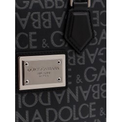 Coated canvas and leather handbag with all-over logo