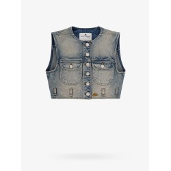 Denim vest with embroidered logo on the bottom
