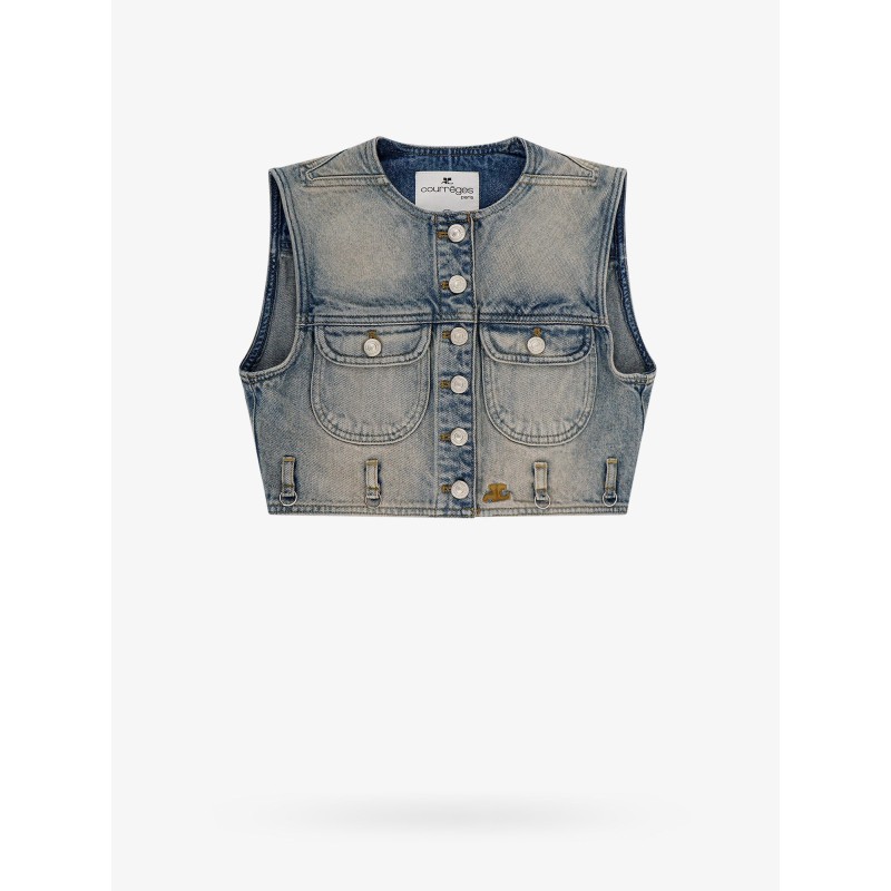 Denim vest with embroidered logo on the bottom
