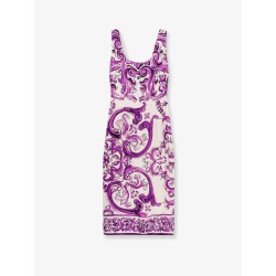 Silk midi pencil dress with Maiolica print