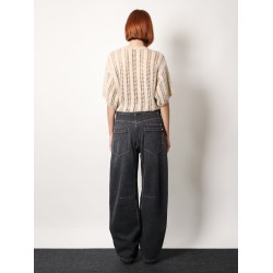 Black denim trouser with leather logo tag