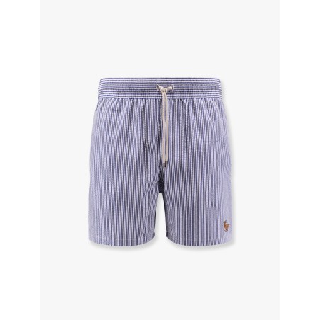 Cotton blend striped swim trunk with logo embroidery