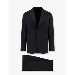 Stretch cotton suit with iconic removable brooch