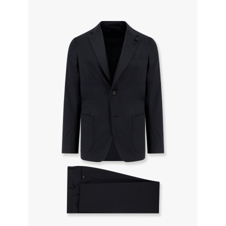 Stretch cotton suit with iconic removable brooch