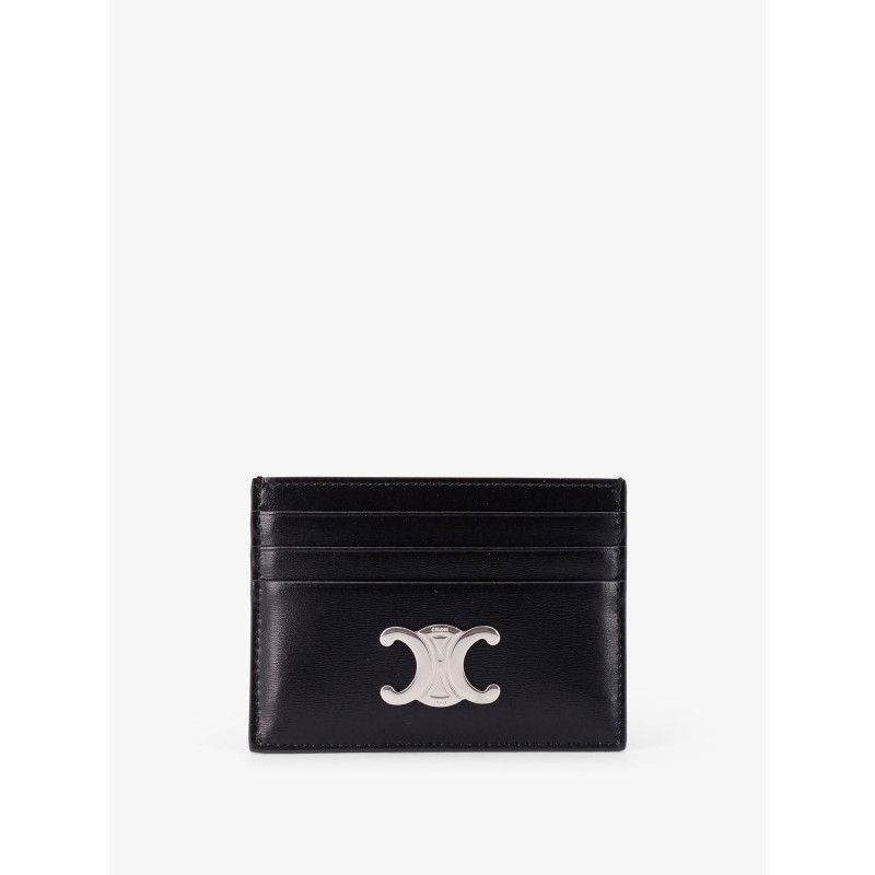 Leather card holder with metal Triomphe logo patch