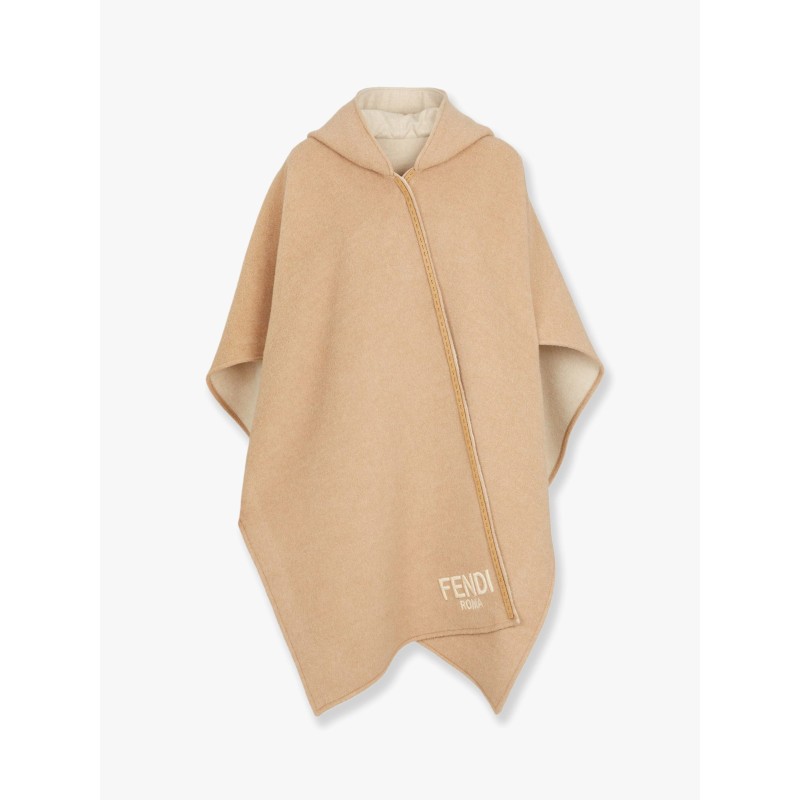 Wool and cashmere poncho with leather profiles