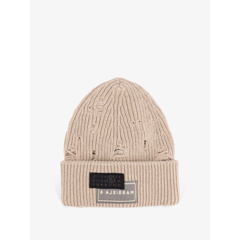 Wool blend beanie hat with distressed effect