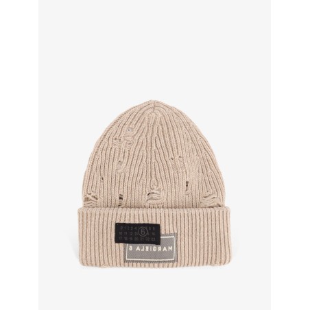 Wool blend beanie hat with distressed effect