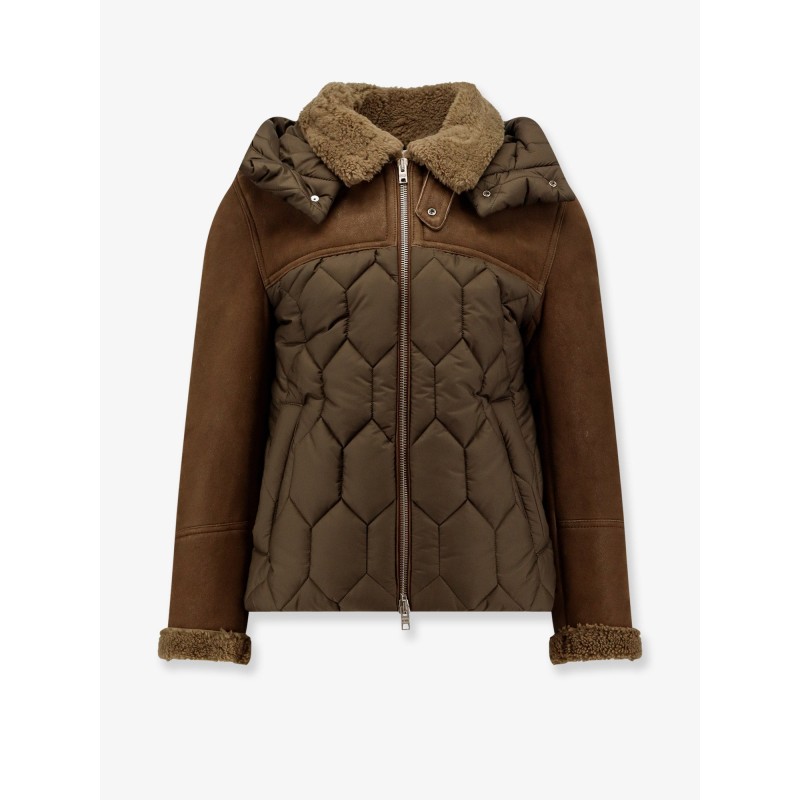 Padded nylon down jacket with leather inserts