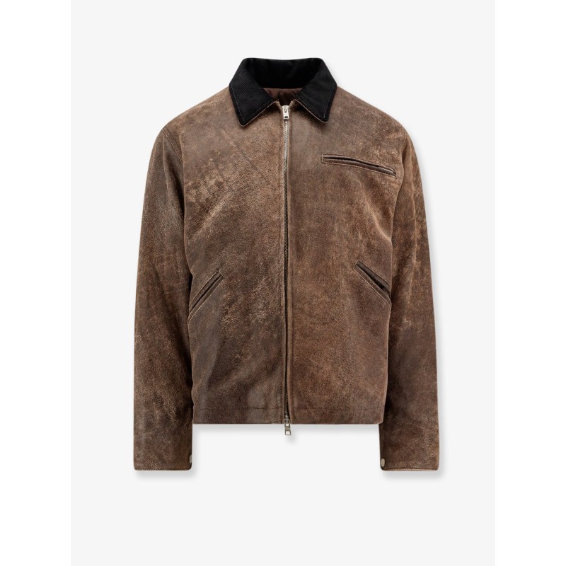 Padded leather jacket with corduroy collar