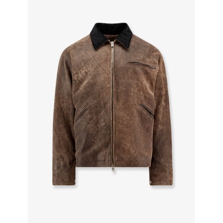 Padded leather jacket with corduroy collar