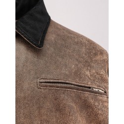 Padded leather jacket with corduroy collar