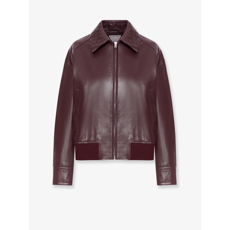 Leather jacket with Intrecciato motif collar