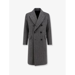 Double-breasted wool coat with herringbone motif
