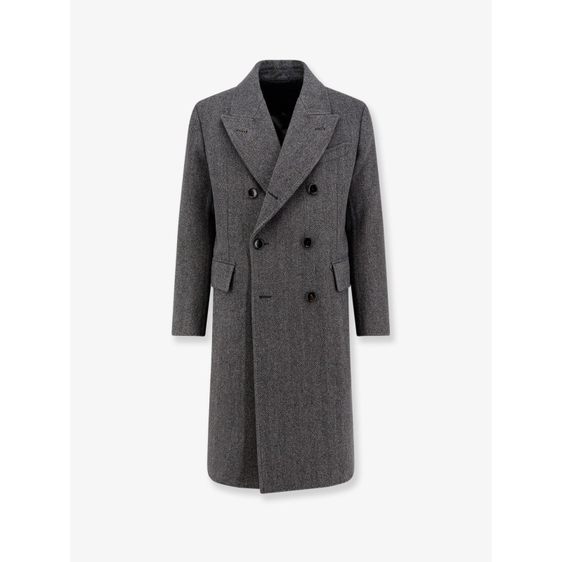 Double-breasted wool coat with herringbone motif