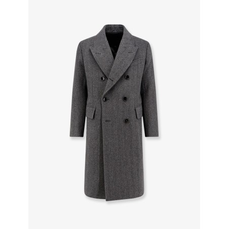 Double-breasted wool coat with herringbone motif