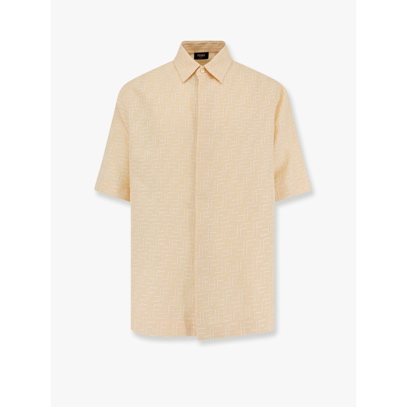 Jacquard linen and cotton shirt with all-over ff embroidery