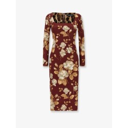 Vintage rose print satin midi pencil dress