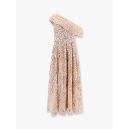 One-shoulder long dress with multicolor embroidery