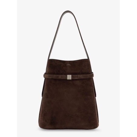 Belted suede bucket bag