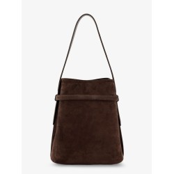 Belted suede bucket bag