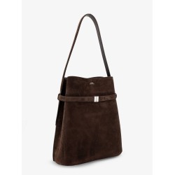 Belted suede bucket bag