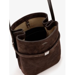 Belted suede bucket bag