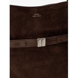 Belted suede bucket bag