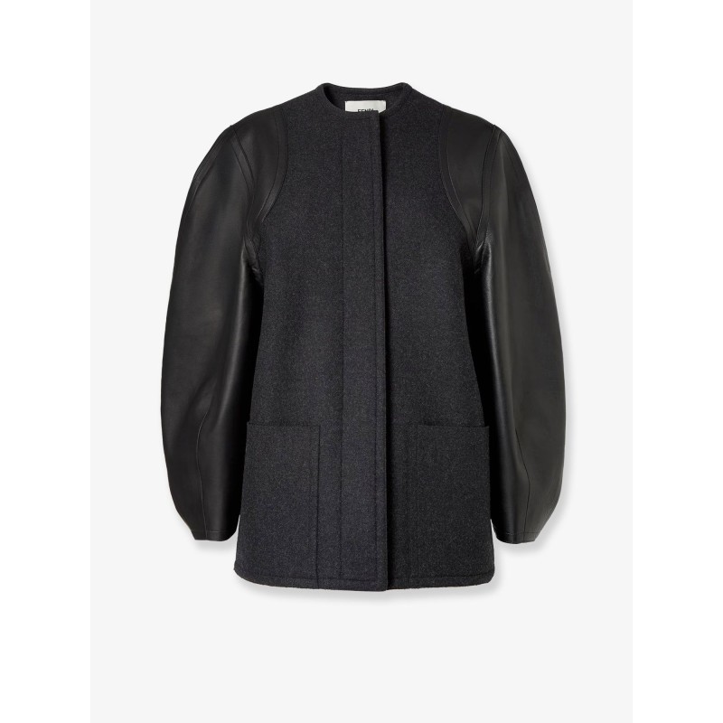 Virgin wool coat with leather sleeves