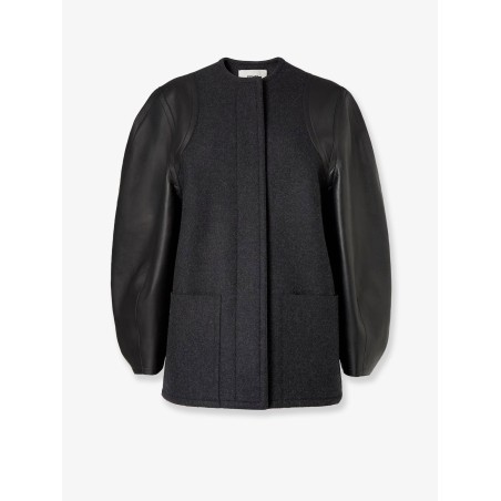 Virgin wool coat with leather sleeves