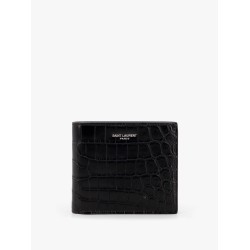 Leather wallet with embossed lettering logo on the front