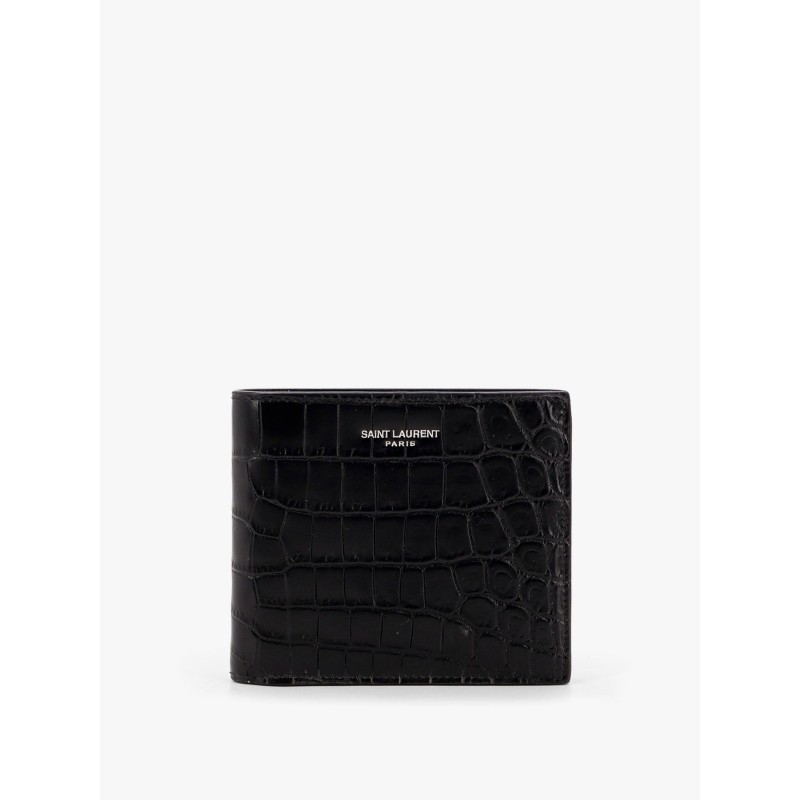 Leather wallet with embossed lettering logo on the front