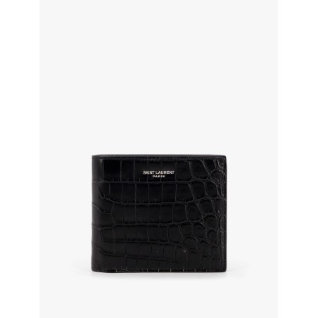 Leather wallet with embossed lettering logo on the front
