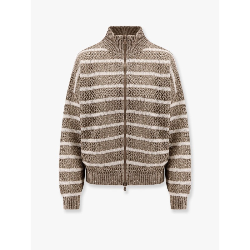 Dazzling striped net linen blend cardigan with sequins
