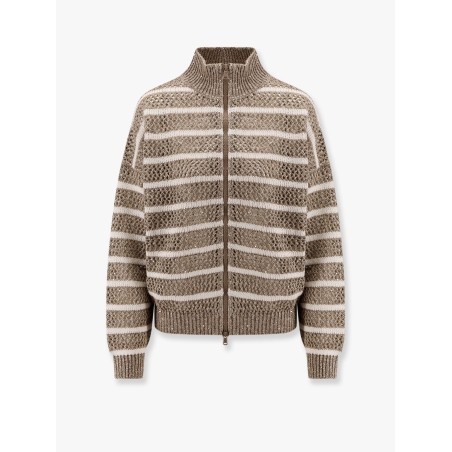Dazzling striped net linen blend cardigan with sequins